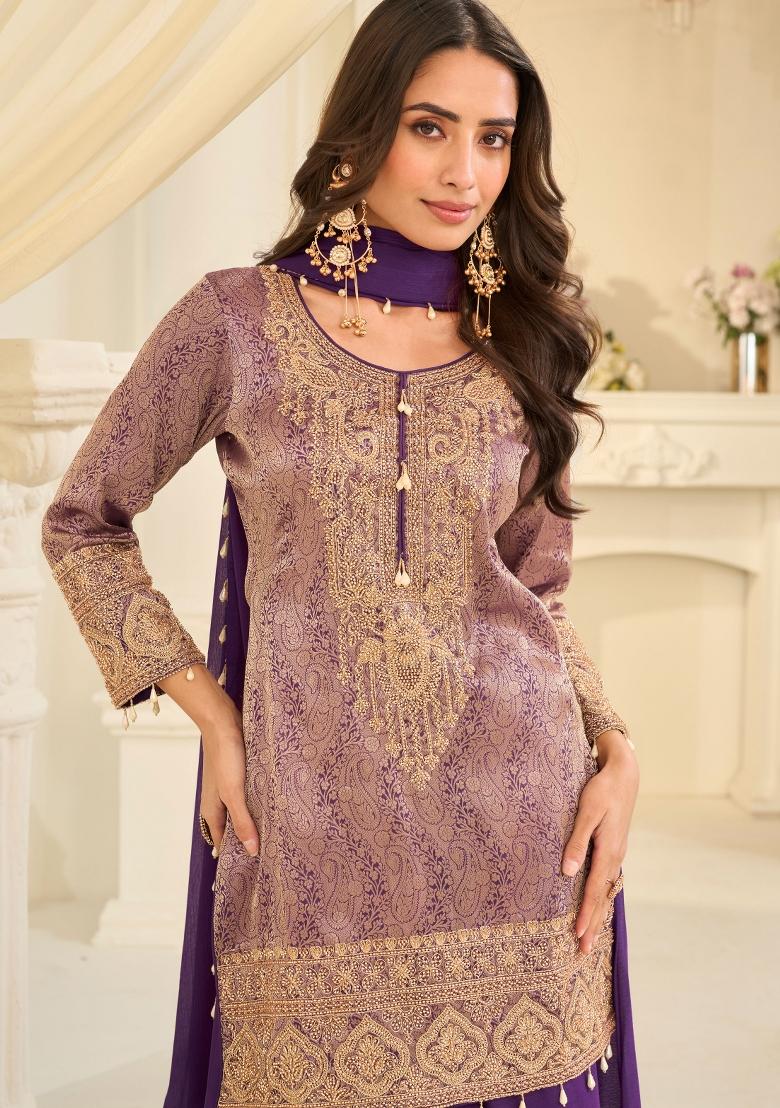 Purple Embroidery Chinon Kurta Set - Indya