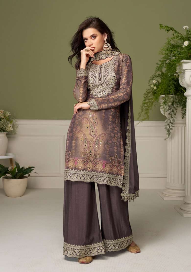 Grey Embroidery Chinon Kurta Set - Indya