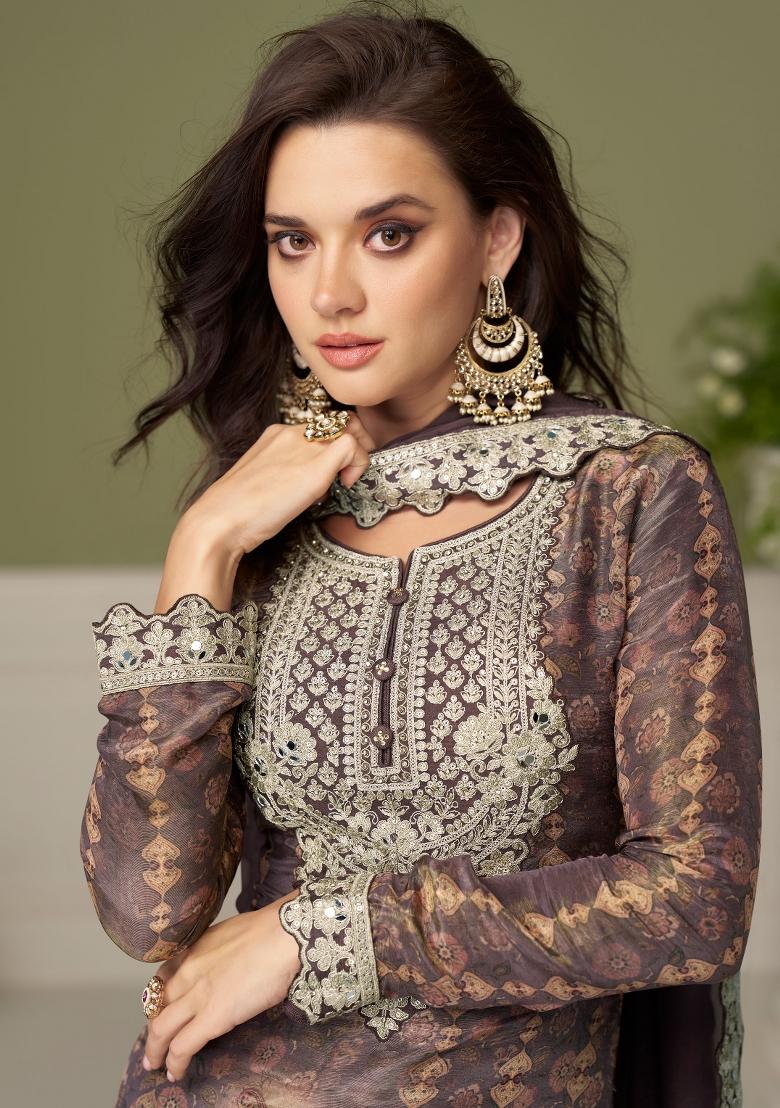 Grey Embroidery Chinon Kurta Set - Indya