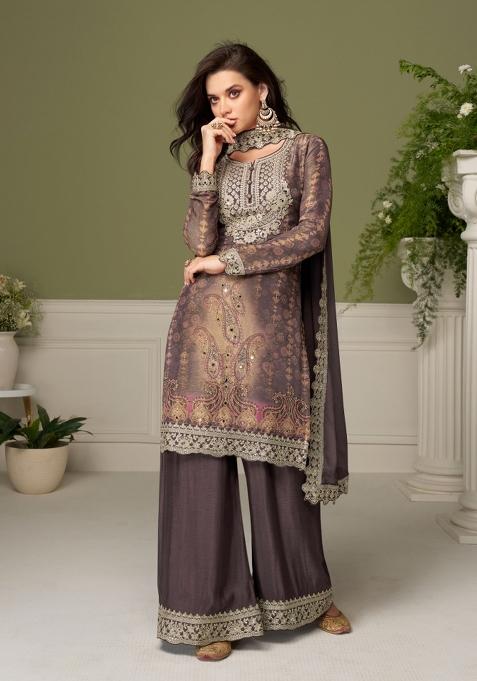 Grey Embroidery Chinon Kurta Set
