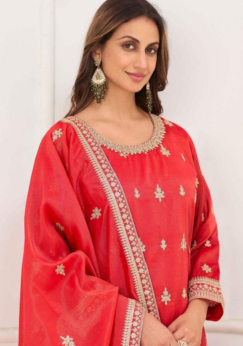 Red Embroidery Silk Kurta Set - Indya