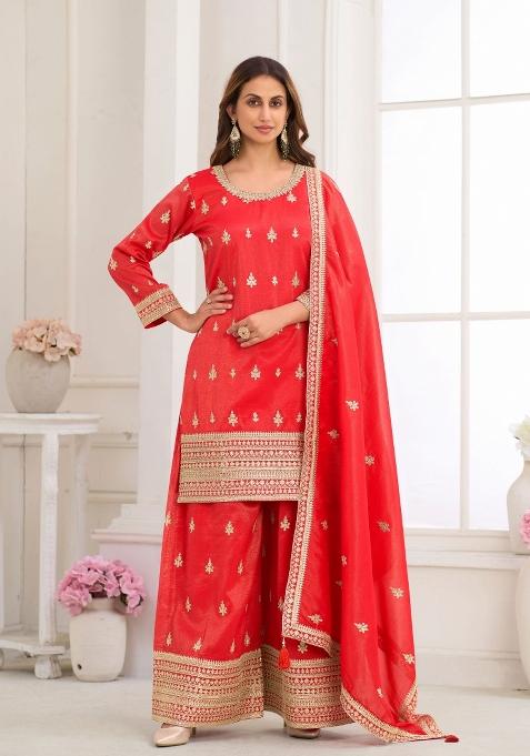 Red Embroidery Silk Blend Kurta Set