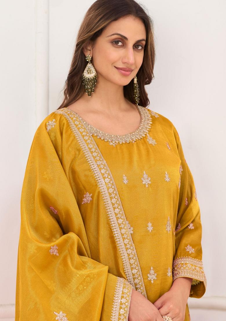 Yellow Embroidery Silk Kurta Set - Indya