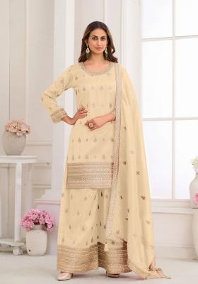 Cream Embroidery Silk Kurta Set
