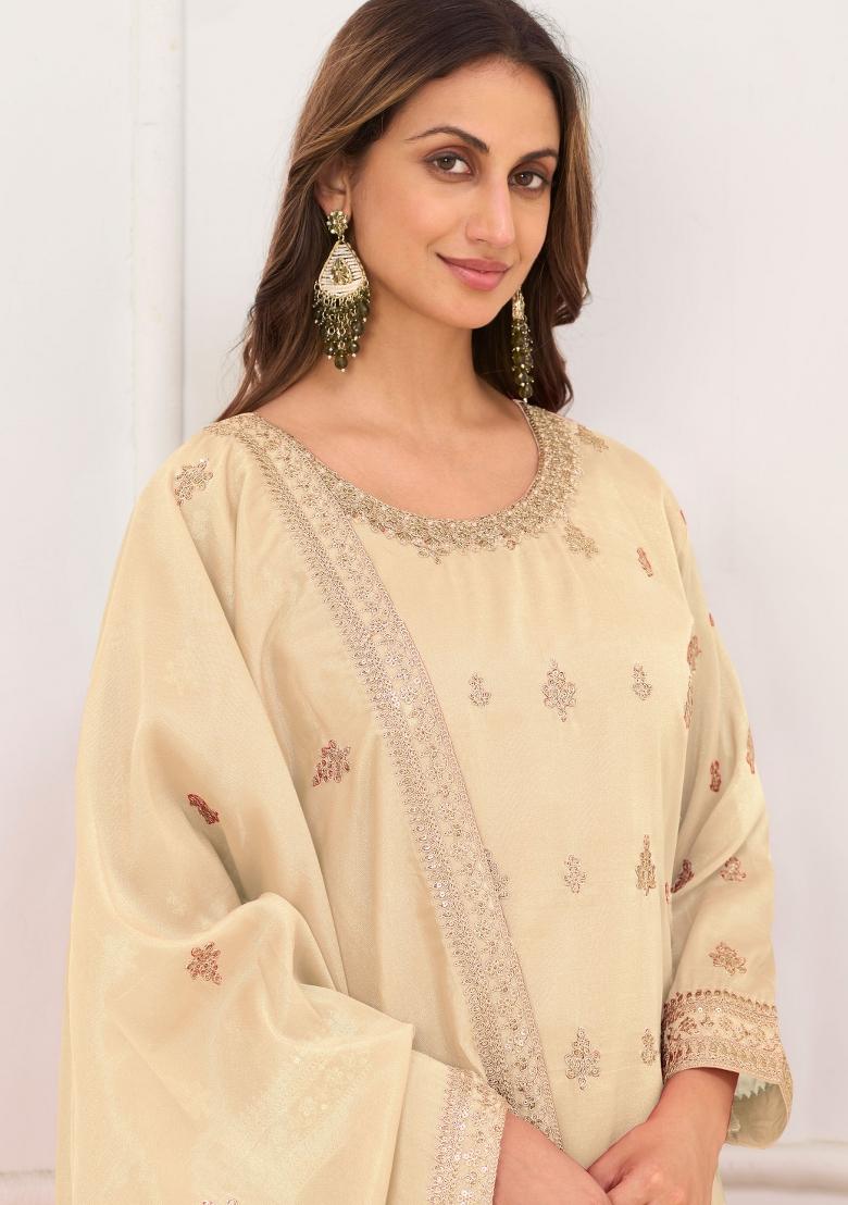 Cream Embroidery Silk Kurta Set - Indya