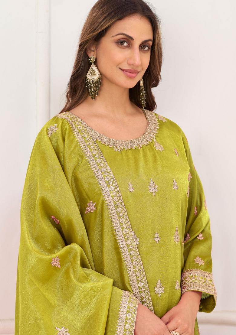 Lime Green Embroidery Silk Kurta Set - Indya
