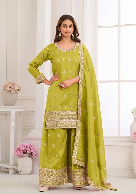 Lime Green Embroidery Silk Kurta Set