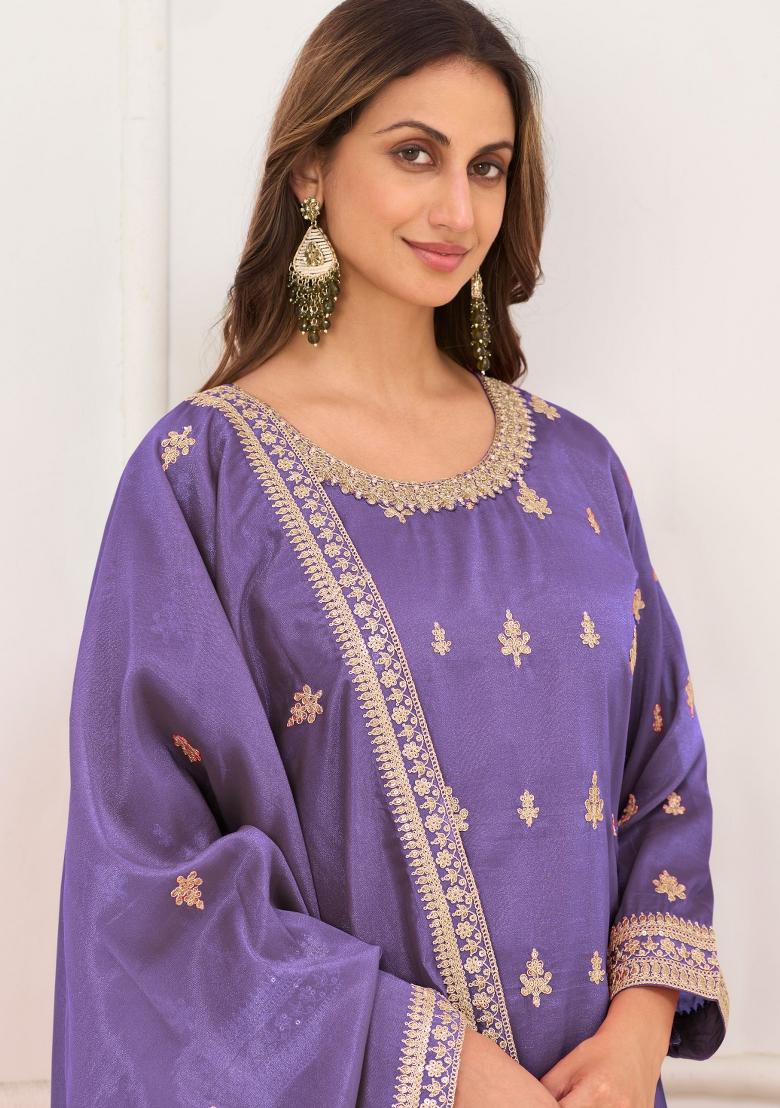 Lavender Embroidery Silk Kurta Set - Indya
