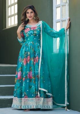 Turquoise Blue Embroidery Silk Kurta With Dupatta