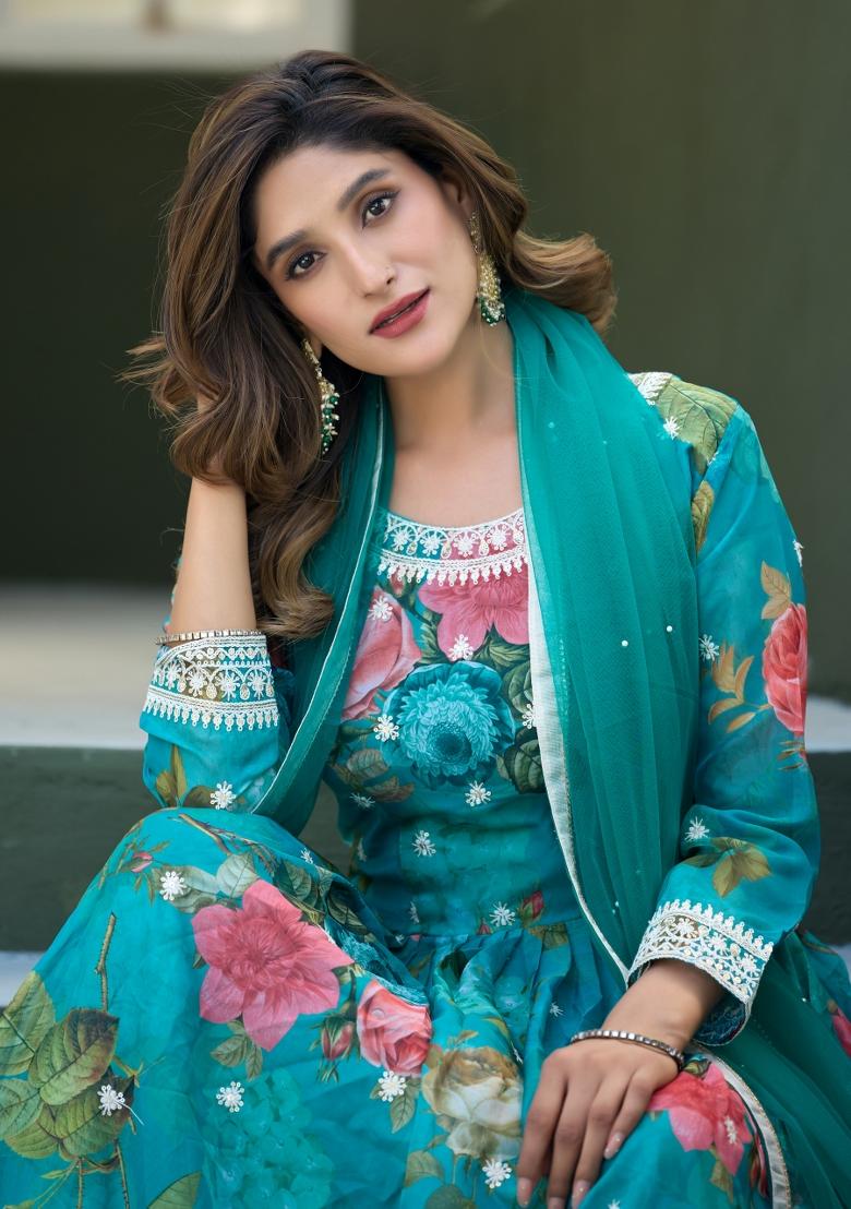 Turquoise Blue Embroidery Silk Kurta With Dupatta - Indya