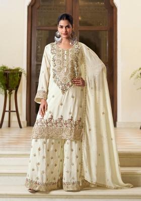 Off White Embroidery Chinon Kurta Set