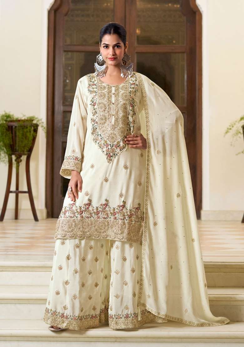 Off White Embroidery Chinon Kurta Set - Indya