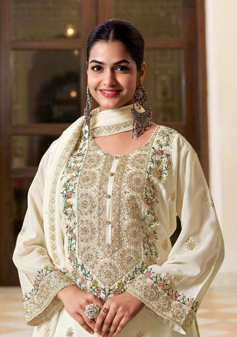 Off White Embroidery Chinon Kurta Set - Indya