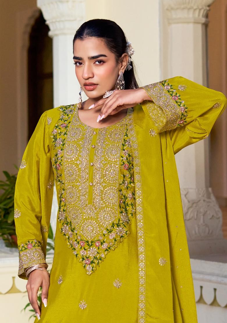 Yellow Embroidery Chinon Kurta Set - Indya