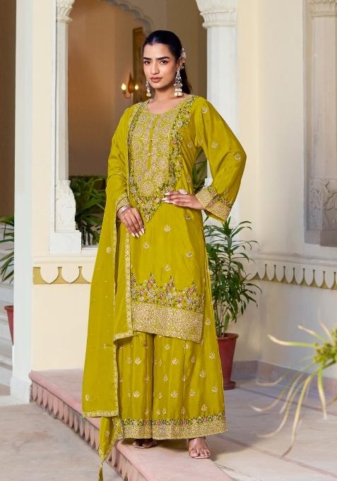 Yellow Embroidery Chinon Kurta Set
