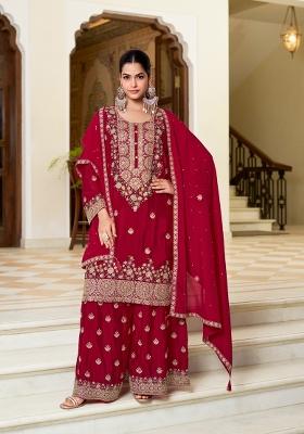 Red Embroidery Chinon Kurta Set
