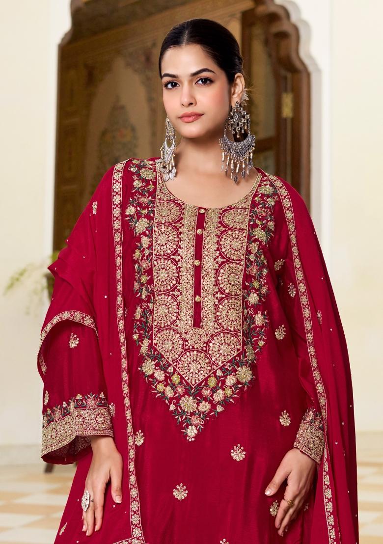Red Embroidery Chinon Kurta Set - Indya