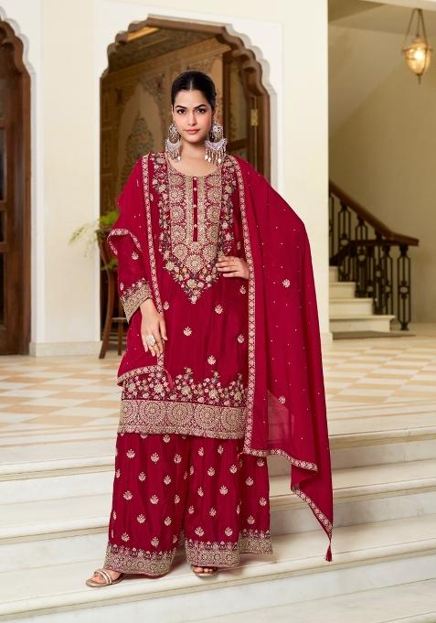 Red Embroidery Chinon Kurta Set