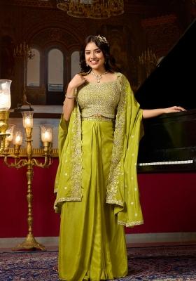 Lime Green Embroidery Chinon Kurta Set