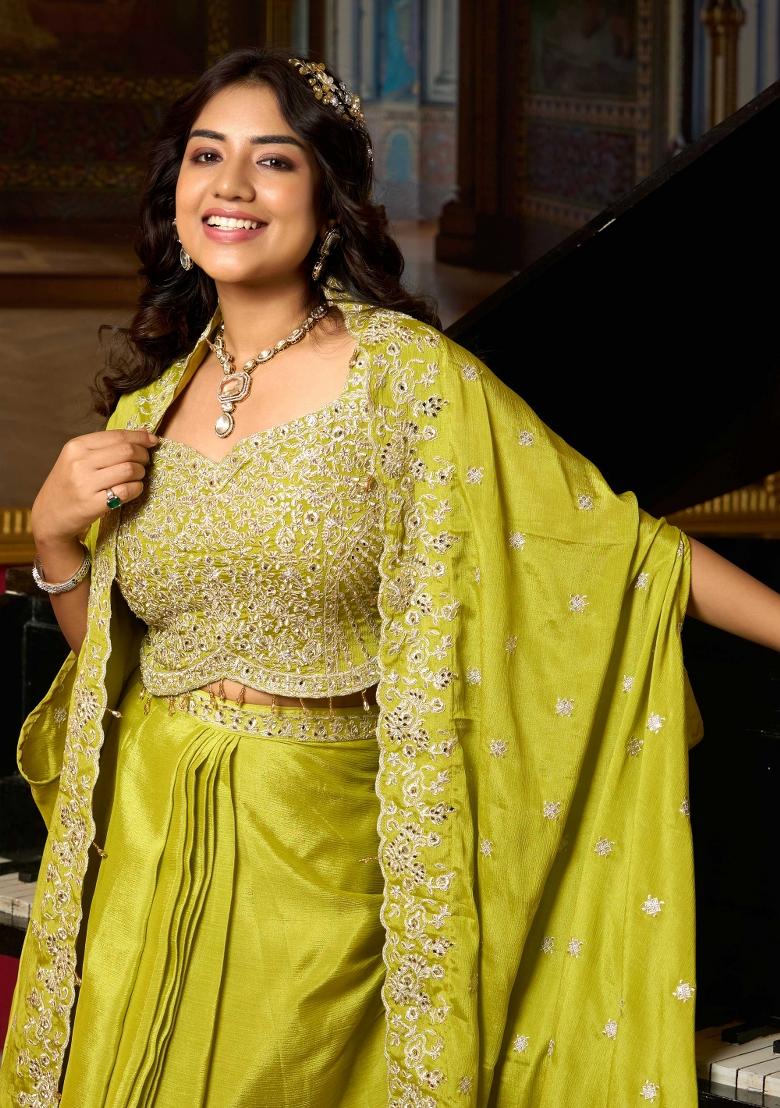 Lime Green Embroidery Chinon Kurta Set - Indya