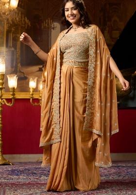 Orange Embroidery Chinon Kurta Set