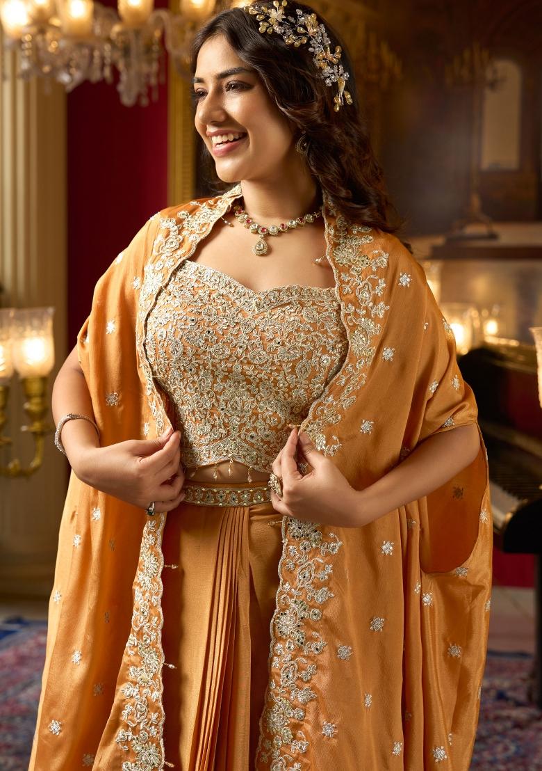 Orange Embroidery Chinon Kurta Set - Indya