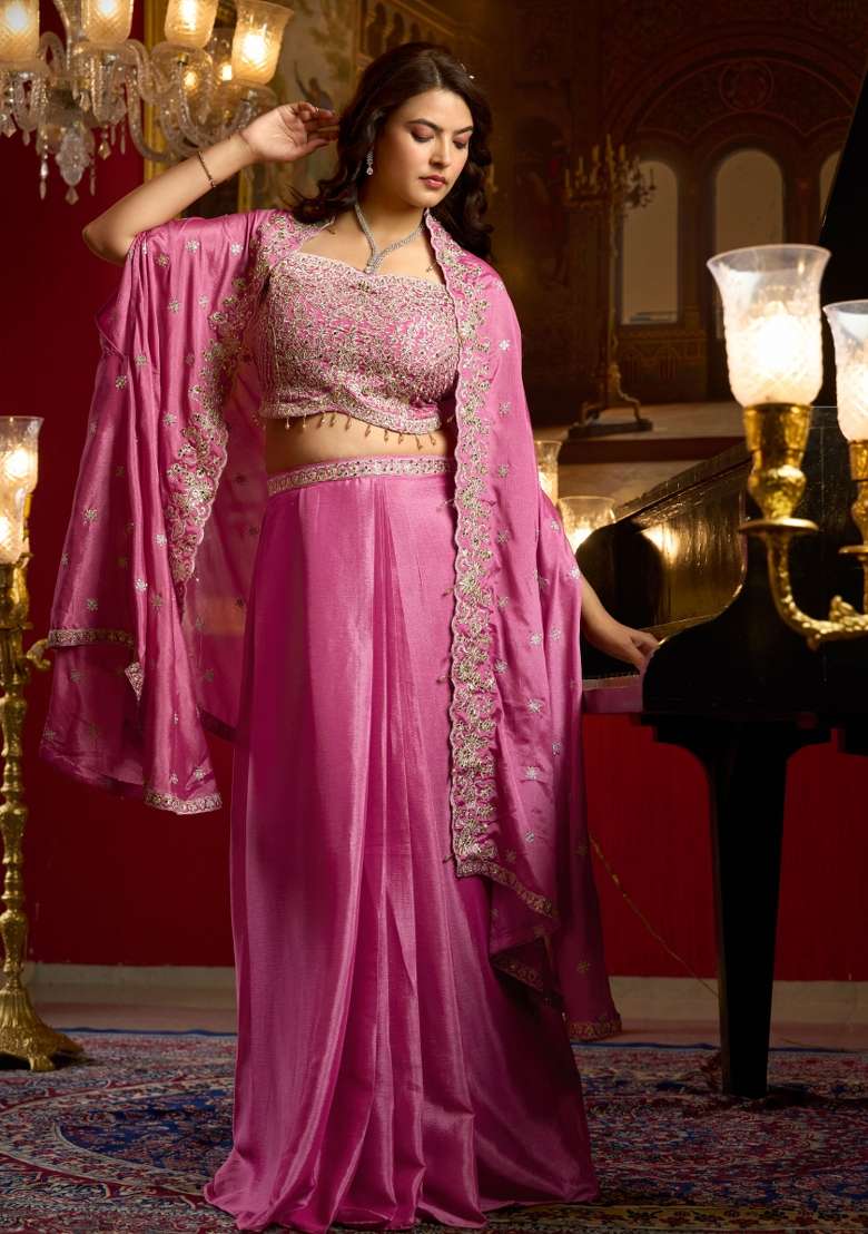 Pink Embroidery Chinon Kurta Set - Indya