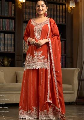 Orange Embroidery Chiffon Kurta Set