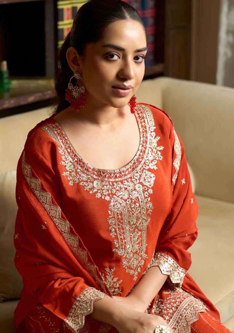 Orange Embroidery Chiffon Kurta Set - Indya