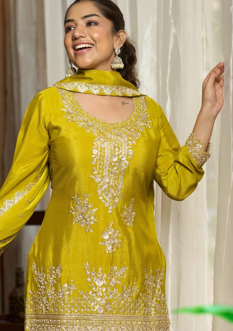 Lime Green Embroidery Chiffon Kurta Set - Indya