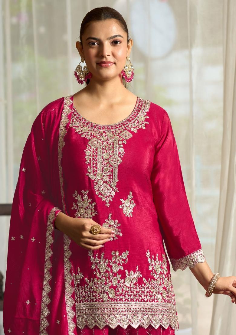Pink Embroidery Chiffon Kurta Set - Indya