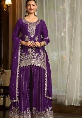 Purple Embroidery Chiffon Kurta Set