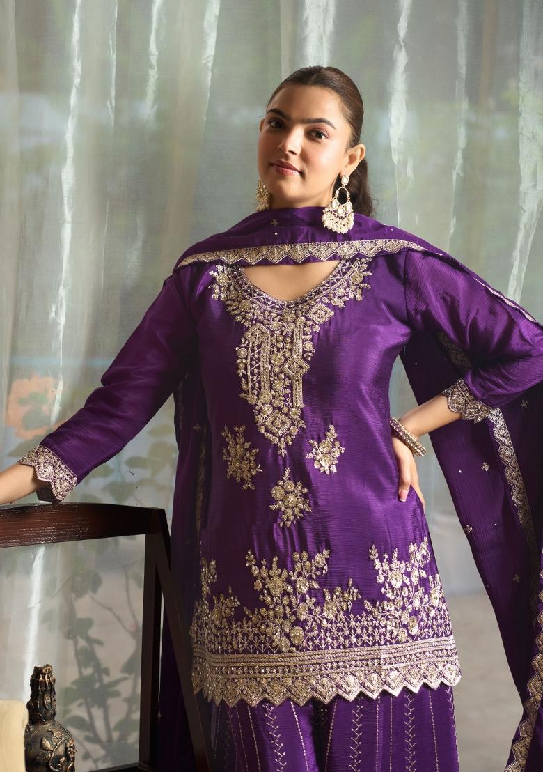 Purple Embroidery Chiffon Kurta Set - Indya