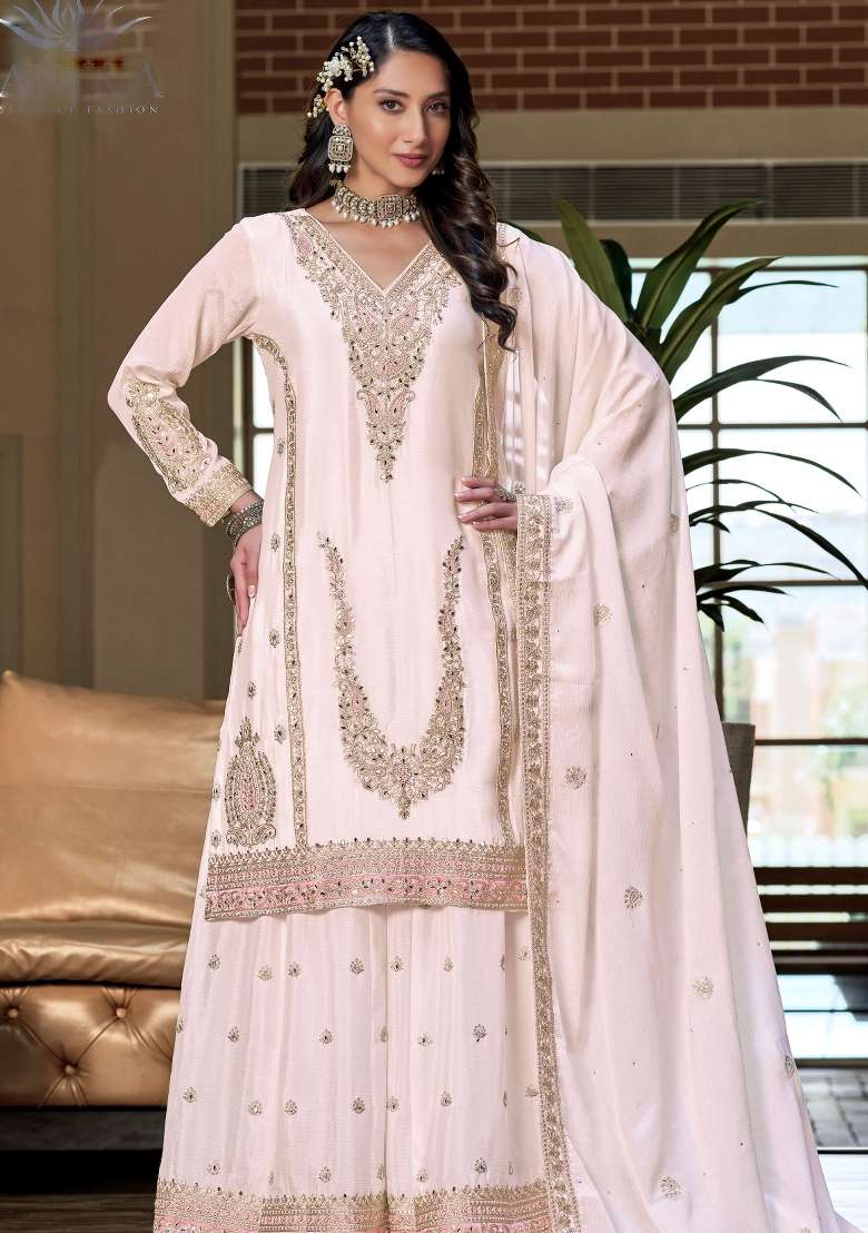 Off White Embroidery Chinon Kurta Set - Indya