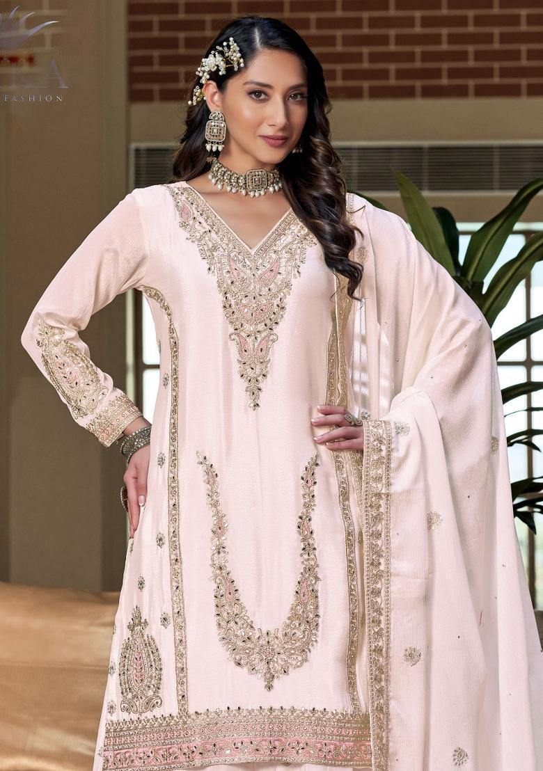 Off White Embroidery Chinon Kurta Set - Indya