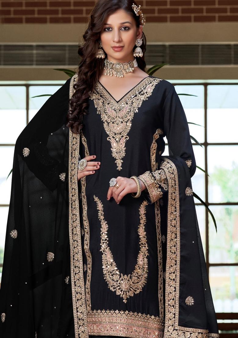 Black Embroidery Chinon Kurta Set - Indya