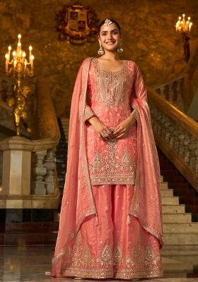 Peach Embroidery Silk Kurta Set