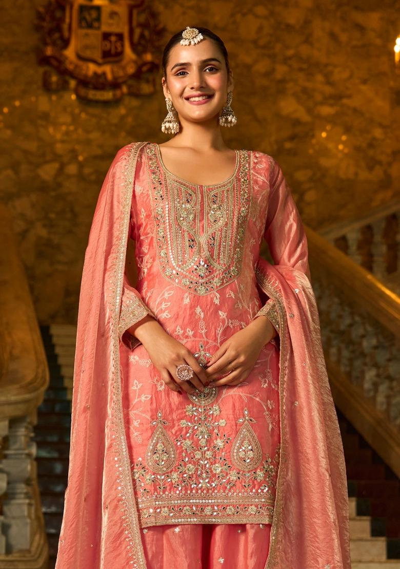 Peach Embroidery Silk Kurta Set - Indya