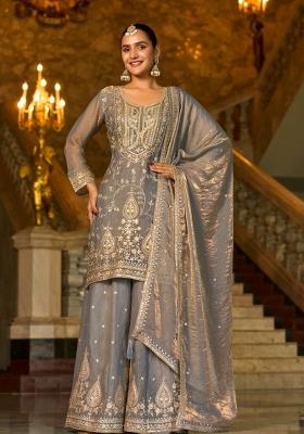 Grey Embroidery Silk Kurta Set