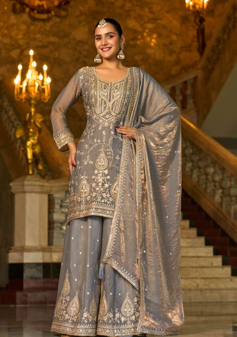 Grey Embroidery Silk Blend Kurta Set - Indya