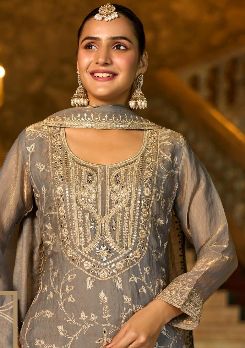 Grey Embroidery Silk Kurta Set - Indya