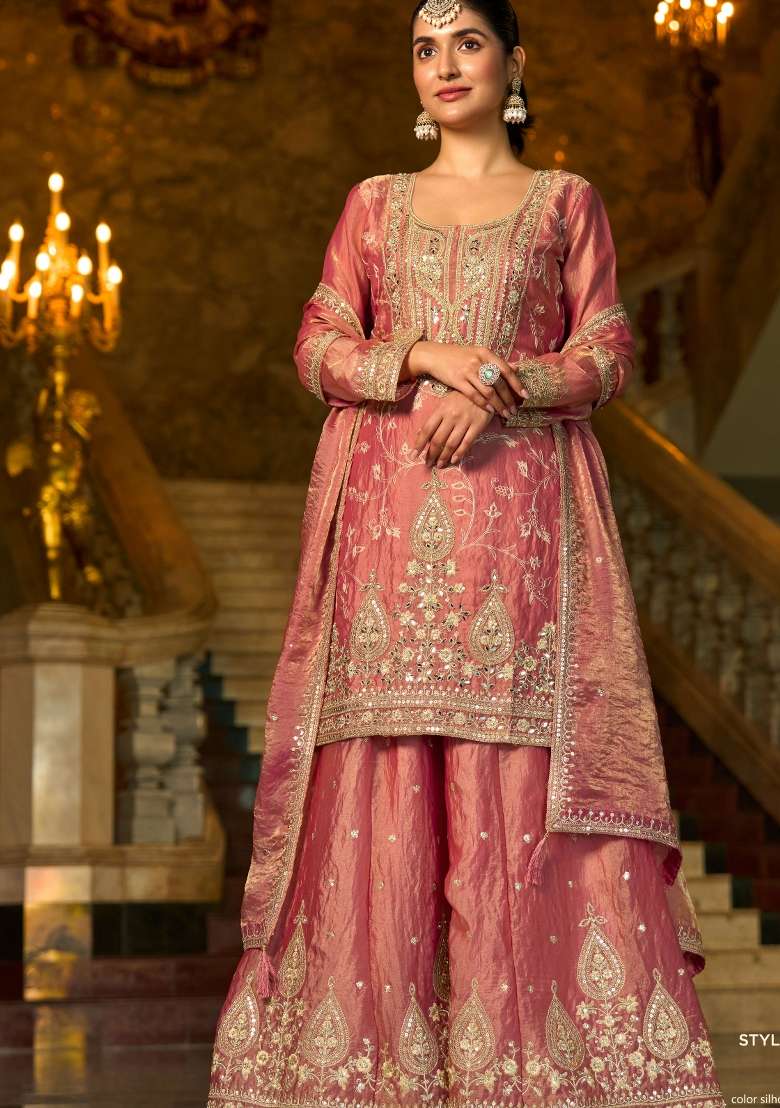 Pink Embroidery Silk Blend Kurta Set - Indya