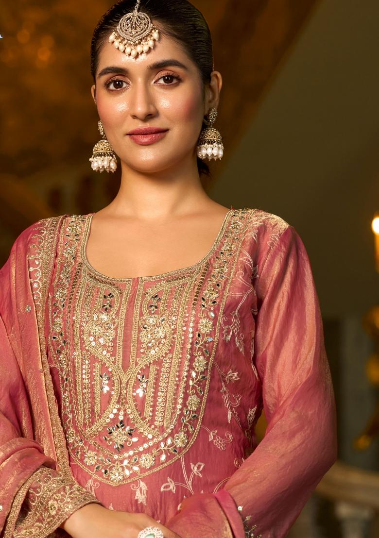 Pink Embroidery Silk Kurta Set - Indya