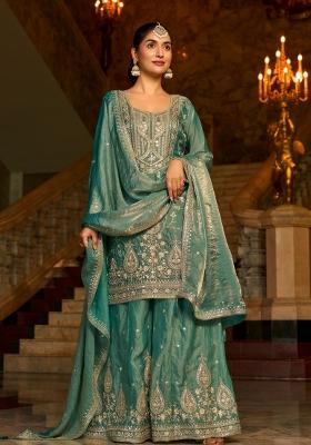 Sea Green Embroidery Silk Kurta Set