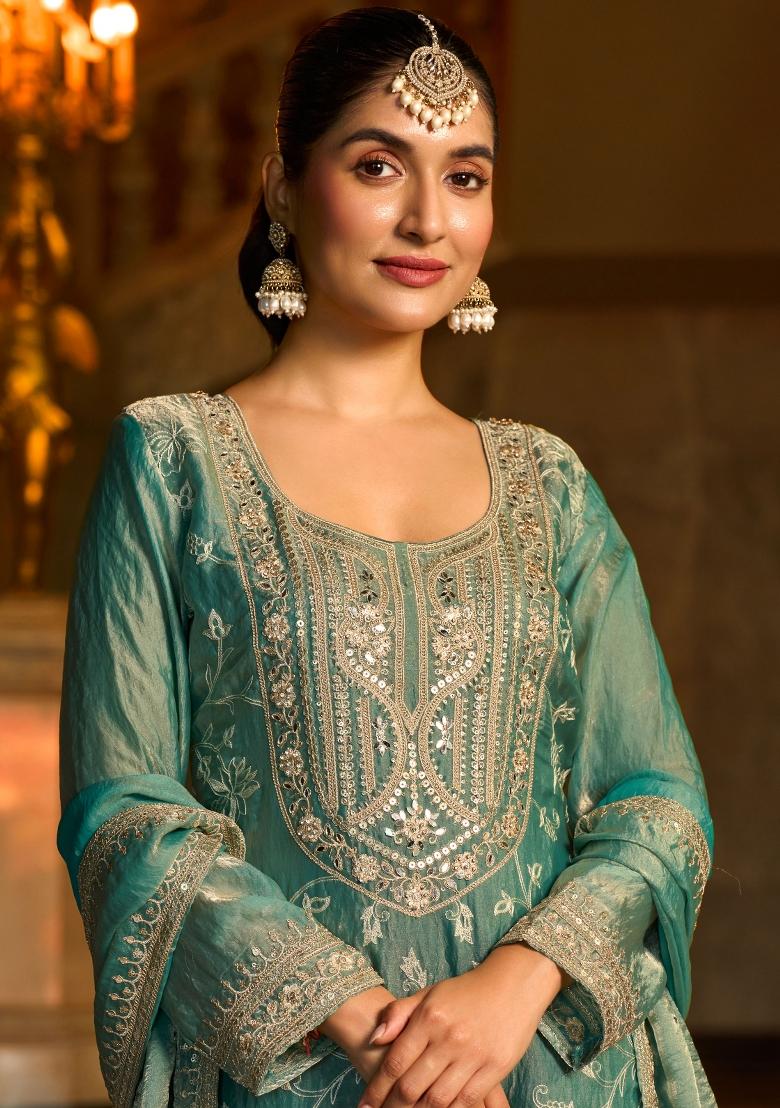 Sea Green Embroidery Silk Kurta Set - Indya