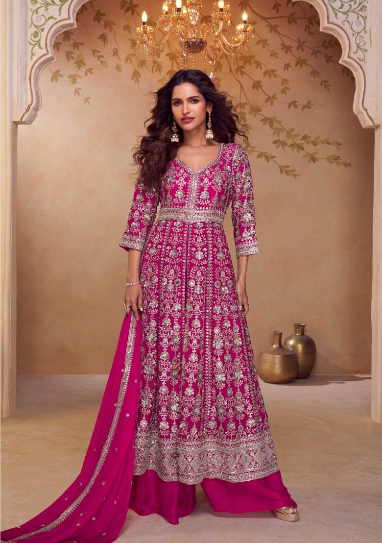 Pink Embroidery Chinon Kurta Set - Indya