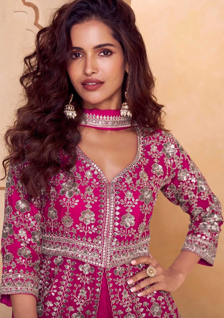 Pink Embroidery Chinon Kurta Set - Indya