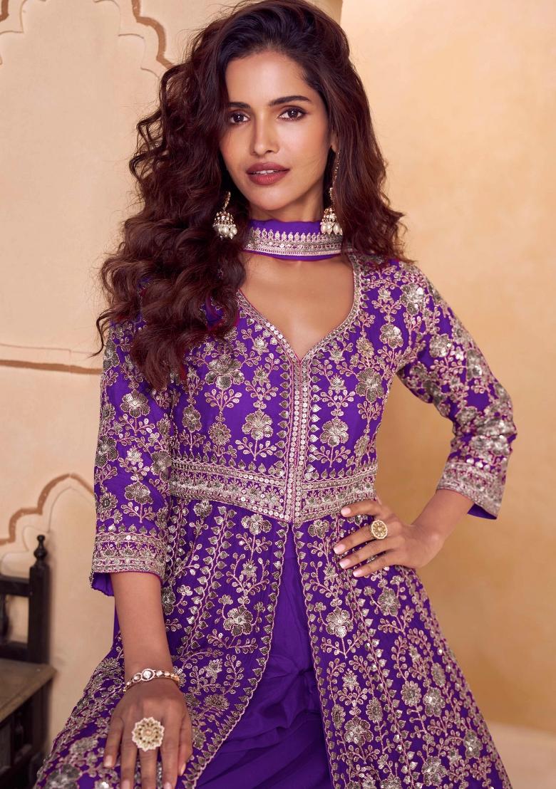 Purple Embroidery Chinon Kurta Set - Indya