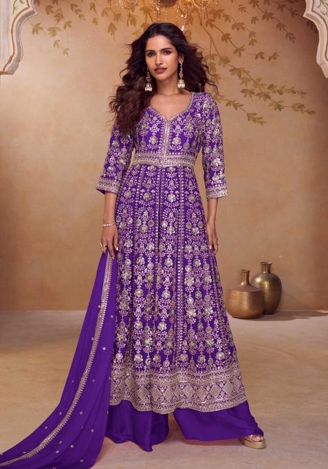 Purple Embroidery Chinon Kurta Set
