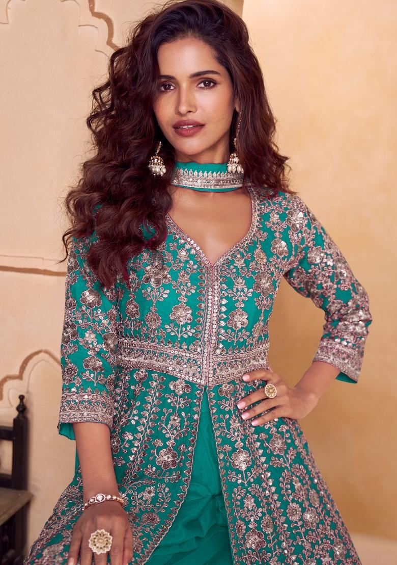 Turquoise Blue Embroidery Chinon Kurta Set - Indya